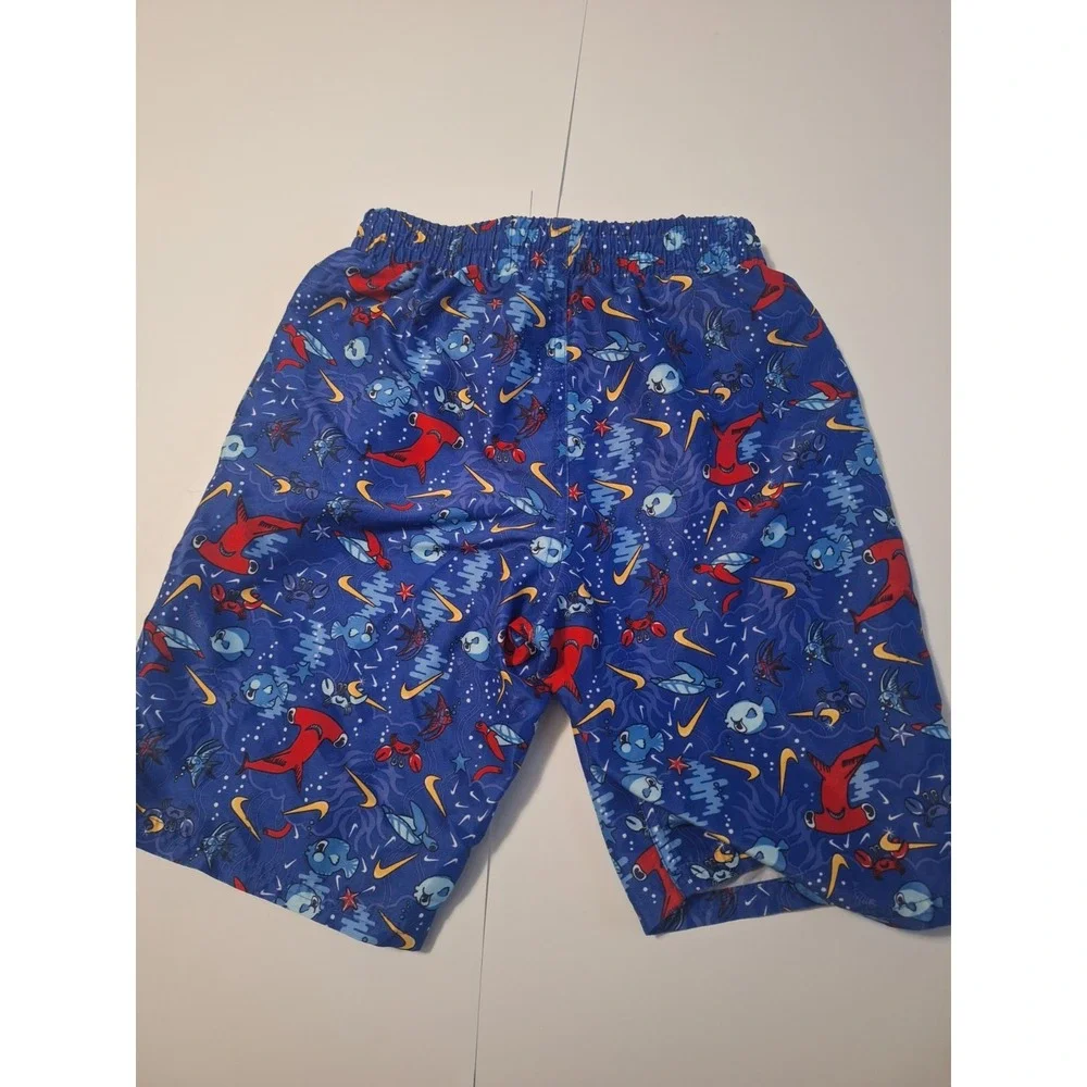 Nike Boys Medium 10-12 Swim Trunks Blue Shark Fish Print Mesh Lined Swoosh